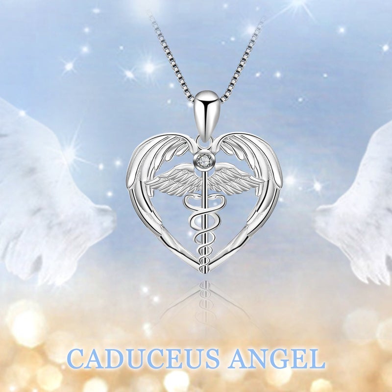 YFN Sterling Silver Caduceus Angel Nursing Themed Pendant Necklace 18" (Nurse Necklace) (Nurse Necklace) (Silver) - Image 2